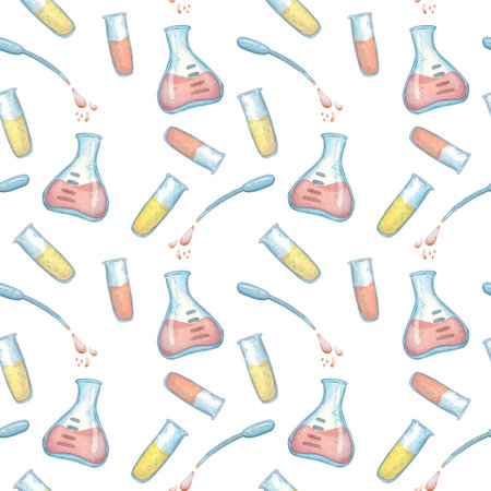 Seamless pattern with flying flasks and test tubes filled with solutions. Watercolor illustration hand drawn, cartoon. Drawing for sticker, poster. science, school, laboratory, biologyの写真素材