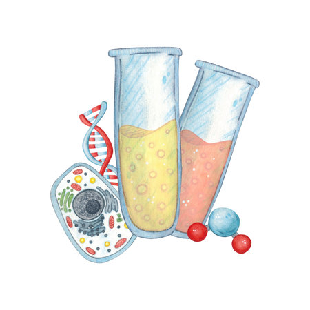 Two test tubes with colored liquids, DNA, cell and water molecule. Watercolor illustration hand drawn, cartoon. Drawing for stickers, cards, invitations, scrapbooking. science, schoolの写真素材