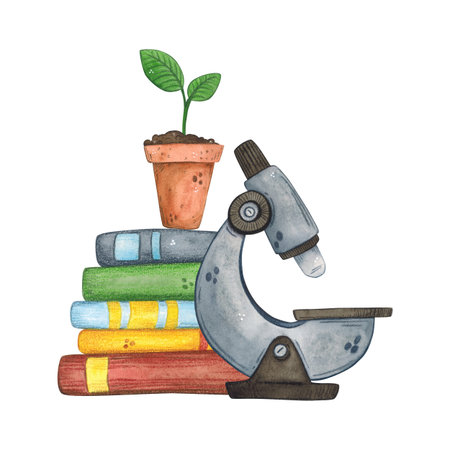 A microscope stands next to a stack of books on which there is a pot with a plant. Watercolor illustration hand-drawn, cartoon. Drawing for stickers, cards, invitations, scrapbookingの写真素材