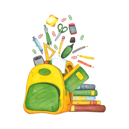 school backpack from which office supplies and books fly out. Watercolor illustration hand-drawn, cartoon. Drawing for stickers, cards, invitations, scrapbooking. science, schoolの写真素材