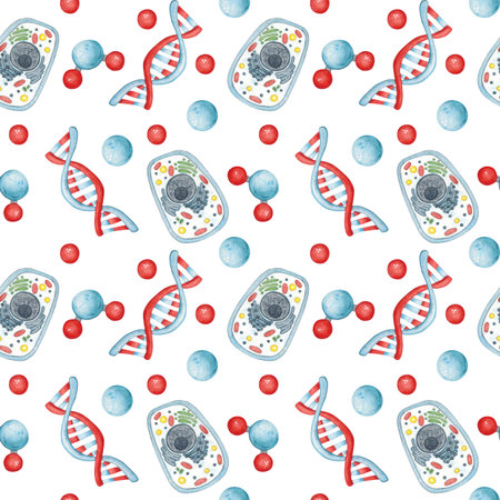 Seamless pattern with DNA molecules and cells. Watercolor hand drawn illustration, cartoon. Drawing for sticker, poster. science, school, laboratory, biology, chemistry, research, backの写真素材