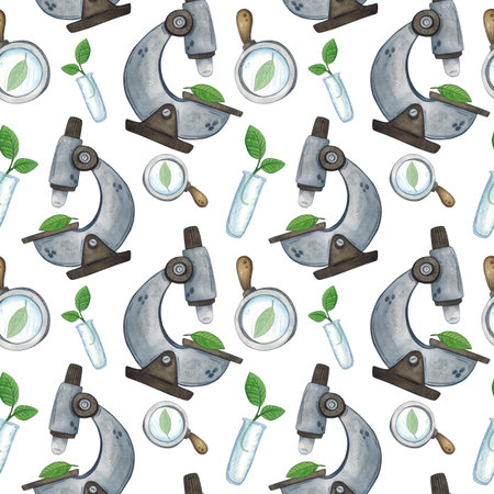 Seamless pattern with microscopes, magnifying glasses and green leaves. Watercolor illustration hand drawn, cartoon. Drawing for sticker, poster. science, school, laboratory, biologyの写真素材