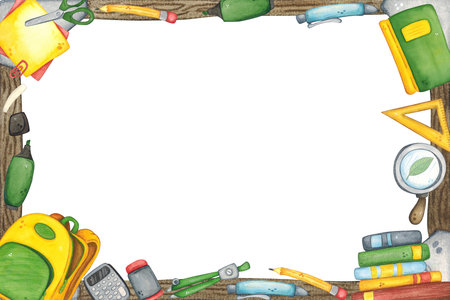 Rectangular frame made from school supplies. Watercolor illustration hand drawn, cartoon. Design for stickers, cards, invitations, scrapbooking. science, school, laboratory, back toの写真素材