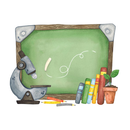 School board, microscope, books, flower. Watercolor illustration hand drawn, cartoon. Drawing for stickers, cards, invitations, scrapbooking. science, school, laboratory, back to schoolの写真素材