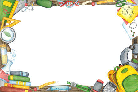 Rectangular frame of school supplies and laboratory equipment. Watercolor illustration hand drawn, cartoon. Drawing for sticker, card, invitations, scrapbooking. science, schoolの写真素材