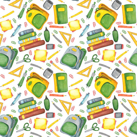 Seamless pattern with books and school supplies and backpack. Watercolor illustration hand drawn, cartoon. Drawing for stickers, cards, invitations, scrapbooking. science, schoolの写真素材