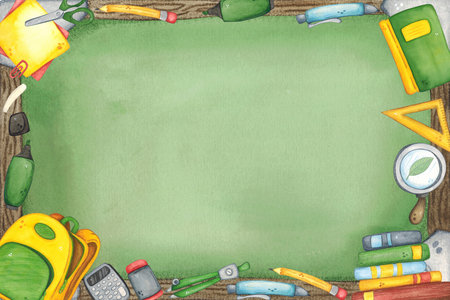 Rectangular frame of school supplies on green chalkboard background. Watercolor illustration hand drawn, cartoon. Design for stickers, cards, invitations, scrapbooking. science, schoolの写真素材