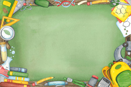 Rectangular frame of school supplies and laboratory equipment on green chalkboard background. Watercolor illustration hand drawn, cartoon. Design for stickers, cards, invitationsの写真素材