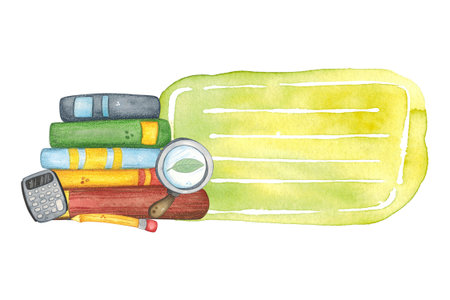 Sticker for notes with the image of a stack of books, calculator, magnifying glass and pencil. Watercolor illustration, cartoon. Design for stickers, invitations, scrapbooking. Scienceの写真素材