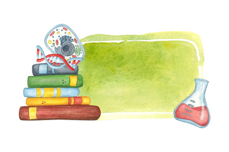 Note sticker with stack of books, cell, DNA molecule and flask with solution. Watercolor illustration, hand drawn, cartoon. Design for stickers, invitations, scrapbooking. Scienceの写真素材