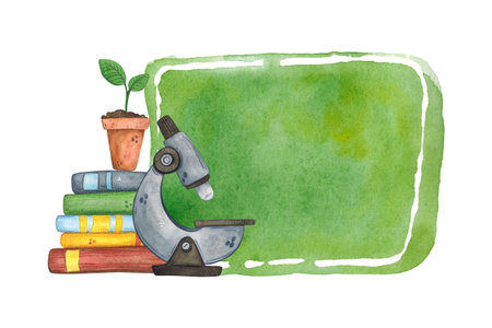Sticker for notes with microscope with stack of books and potted plant. Watercolor illustration, hand drawn, cartoon. Design for stickers, cards, invitations, scrapbooking. Scienceの写真素材