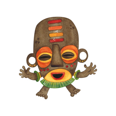 African aborigine in a brown mask with a bright pattern and big ears and arms outstretched to the sides. Watercolor illustration, hand drawn, cartoon. Drawing for poster, stickersの写真素材