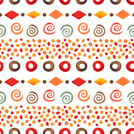 Seamless big pattern of different geometric shapes traditional African. Watercolor illustration hand-drawn with brushes, textured. Drawing for background, cards, textile, paper. Colorの写真素材