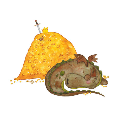 Dragon lying next to a pile of gold. Watercolor illustration hand drawn in cartoon. Drawing for stickers, print, childrens book. Fairy tale, dragon, dinosaur, fire, wingsの写真素材