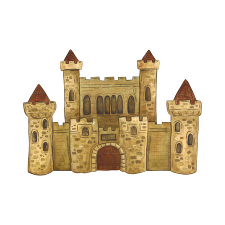 Old medieval castle. Watercolor illustration hand drawn, cartoon. drawing for stickers, cards, printing, scrapbooking. history, building, housing, stone, fairy tale, adventの写真素材