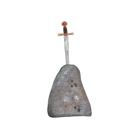 Sword stuck in stone. Watercolor illustration hand drawn, cartoon. drawing for stickers, cards, print, scrapbooking. history, king arthur, fairy tale, adventure, middle ageの写真素材