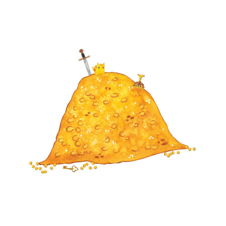 Pile of gold with sword, crown and cup. Watercolor illustration hand drawn in cartoon. Drawing for stickers, print, childrens book. Fairy tale, gold, adventure, wealth, treaの写真素材