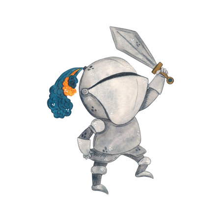 Medieval knight with sword. Watercolor illustration hand drawn, cartoon. drawing for stickers, cards, print, scrapbooking. History, armor, fairy tale, adventure, middle ageの写真素材