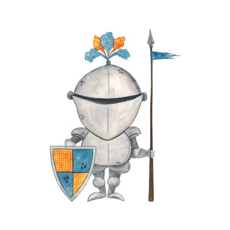 Medieval knight with shield and spear. Watercolor illustration hand drawn, cartoon. drawing for stickers, cards, print, scrapbooking. History, armor, fairy tale, adventure,の写真素材