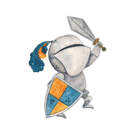 Medieval knight with sword and shield. Watercolor illustration hand drawn, cartoon. drawing for stickers, cards, print, scrapbooking. History, armor, fairy tale, adventureの写真素材
