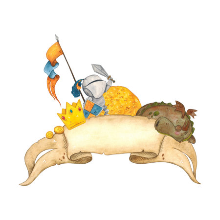 Knight with sword and shield on the background of ribbon from old parchment among gold goes to sleeping dragon. Watercolor illustration, hand made, cartoon. For scrapbooking, cardsの写真素材
