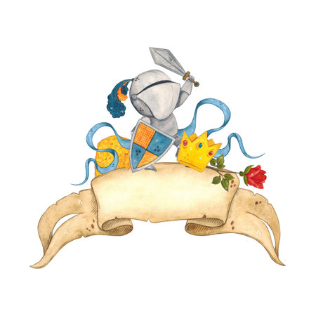 Knight with sword and shield on the background of ribbon from old parchment, next to crown, flag, red rose and blue ribbons. Watercolor illustration, hand-made, cartoon. Forの写真素材