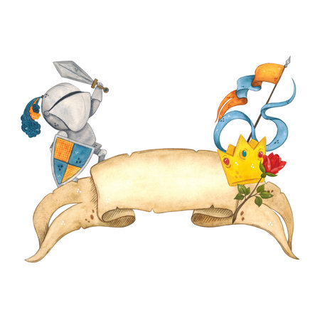 Composition, Knight with sword and shield on the background of ribbon from old parchment, next to crown, flag, red rose. Watercolor illustration hand-drawn, cartoon. For scrapbookingの写真素材