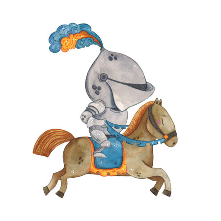 Knight in armor riding a horse. Watercolor illustration hand drawn, cartoon. Drawing for cards, stickers, scrapbooking. Middle Ages, history, tournament, battle, competitの写真素材