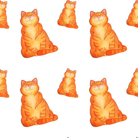 Seamless pattern with red cats. Watercolor illustration hand drawn, childish, cartoon. Drawing for paper, textiles, invitations, cards. Cat, red cat, pet, character, cartoon, childrenの写真素材