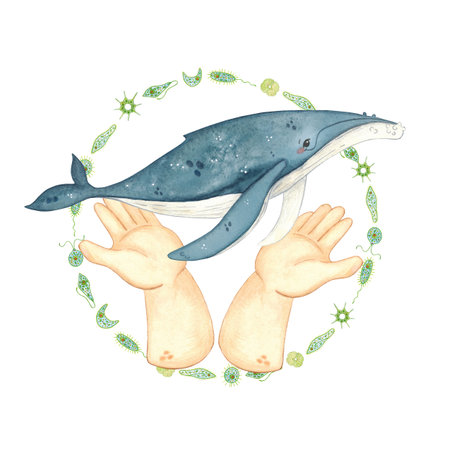 Human hands hugging whale in round frame made of phytoplankton, watercolor illustration. Ecological emblem with idea to protect sea animals for poster, childrens books, print. Biologyの写真素材