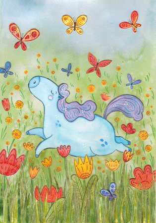 Horse gallops on a field with flowers among butterflies. Watercolor illustration hand-drawn, cartoon. Drawing for a postcard, calendar. summer, collageの写真素材