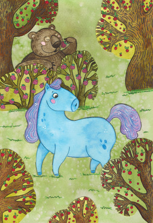 Horse in the forest among trees and bushes with berries. Watercolor illustration hand-drawn, cartoon. Drawing for a postcard, calendar sheet.の写真素材