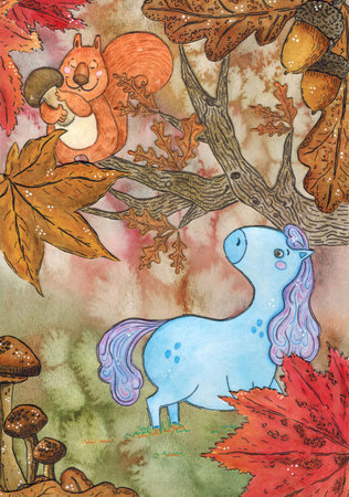 Horse in autumn forest, squirrel on a birch with a mushroom. Watercolor illustration hand-drawn, cartoon. Drawing for a postcard, calendar. leaves, oakの写真素材