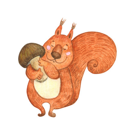 Red, cute squirrel with a mushroom. Watercolor illustration hand drawn, cartoon. Drawing for scrapbooking, book, print, postcard, stickerの写真素材