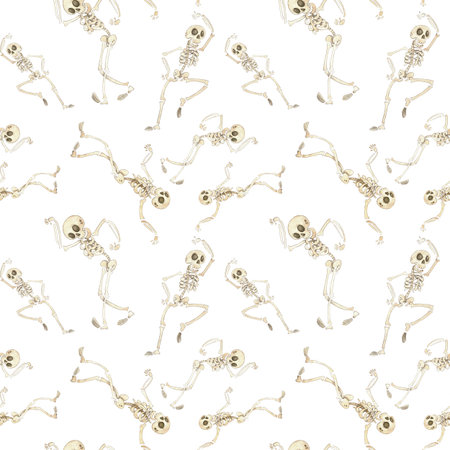 Seamless pattern with dancing skeletons for Halloween. Watercolor illustration hand drawn cartoon. Drawing for textile, for paper, cards and invitations. Holiday, decoration, skeletonの写真素材