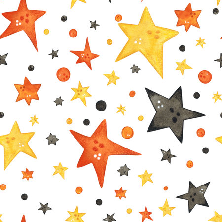 Seamless pattern of confetti and stars yellow, orange and black. Halloween holiday. Watercolor illustration hand drawn. Drawing for paper, textile, invitations. background, nightの写真素材