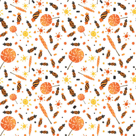 Seamless pattern with sweets for a festive Halloween treat among confetti. Watercolor illustration hand drawn cartoon. Drawing for textile, for paper, cards and invitations. Holidayの写真素材