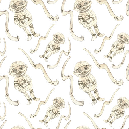 Seamless pattern with mummies among flying bandages for Halloween holiday. Watercolor hand drawn cartoon illustration. Drawing for textile, for paper, cards and invitations. Holidayの写真素材