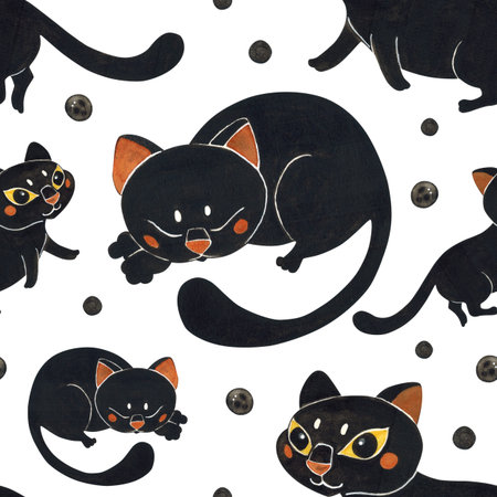 Seamless pattern of different black cats among black dots. Halloween holiday. Watercolor illustration hand drawn. Drawing for paper, textile, invitations. Cat, night, octoberの写真素材