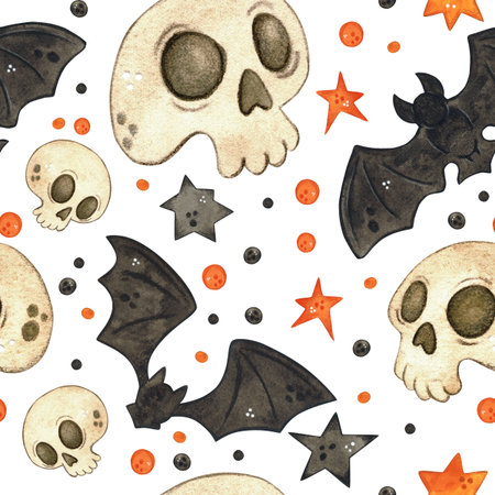 Seamless pattern with black bats and skulls. Halloween holiday. Watercolor illustration hand drawn. Drawing for paper, textile, invitations. animal, night, october, holiday, halloweenの写真素材