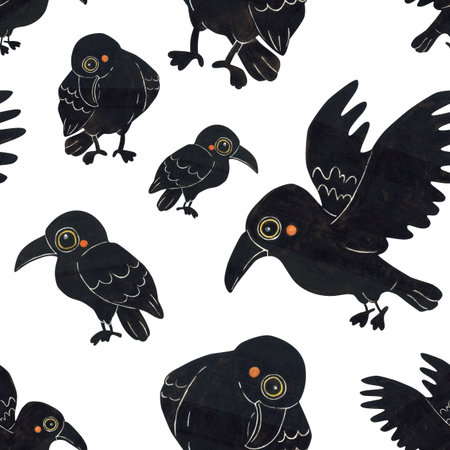 Seamless pattern of different black ravens. Halloween holiday. Watercolor illustration hand drawn. Drawing for paper, textile, invitations. Raven, crow, night, Octoberの写真素材
