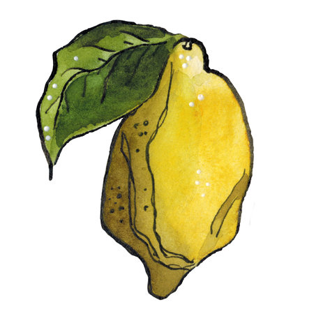 Yellow lemon with green leaves. Watercolor and ink illustration. Drawing for print, poster, scrapbooking, stickers. Fruit, branch, leaf, food, nature, product, juice, lemonade, lemonの写真素材