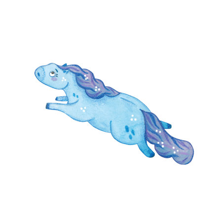 Top view of a running blue horse with a purple mane. Symbol of the new year 2026. Watercolor illustration drawn, cartoon. Drawing for stickers, scrapbooking, postcards. Horse, blue, newの写真素材