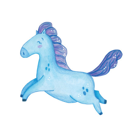 A galloping blue horse with a purple mane. Symbol of the new year 2026. Watercolor illustration drawn, cartoon. Drawing for stickers, scrapbooking, postcards. Horse, blue, new yearの写真素材