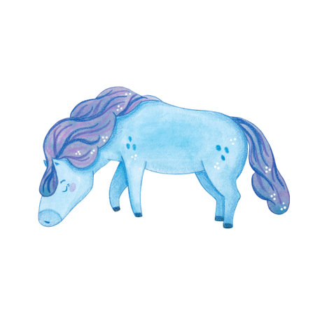 Blue horse with his head bent. Symbol of the new year 2026. Watercolor illustration drawn, cartoon. Drawing for stickers, scrapbooking, postcards. Horse, blue, new year, symbol, maneの写真素材