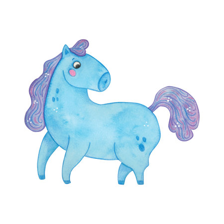Blue horse standing, cartoon character. Symbol of the new year. Watercolor illustration hand drawn. Drawing template for postcards, stickers, posters, scrapbooking.の写真素材