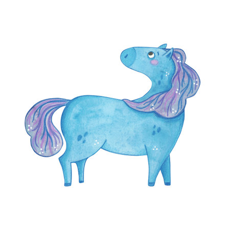 Blue horse with a purple mane. Symbol of the new year 2026. Watercolor illustration drawn, cartoon. Drawing for stickers, scrapbooking, postcards. new year, symbol, animalの写真素材