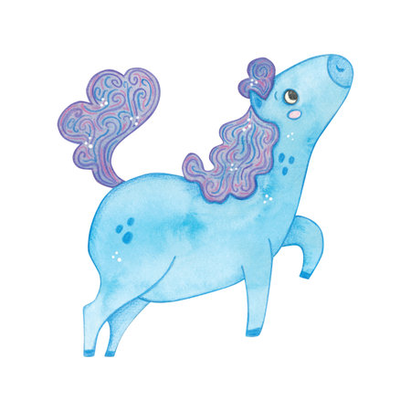 Blue horse looking up, cartoon character. Symbol of the new year 2026. Watercolor illustration hand drawn. Drawing template for postcards, stickers, posters, scrapbooking. New Yearの写真素材