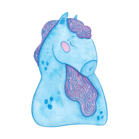 Blue horse, cartoon character. Symbol of the new year 2026. Watercolor illustration drawn by hand. Drawing template for postcards, stickers, posters, scrapbooking. New Year, holidayの写真素材
