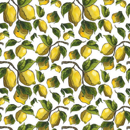 Pattern of juicy, bright lemons. Watercolor illustration with graphic elements. Drawing for printing on paper or weavingの写真素材